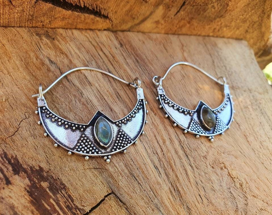 Silver Ethnic Labradorite Earrings Ethnic, Blue Stone , rustic, yoga, hippie, gypsy, pretty, psy, boho, bohemian, festival