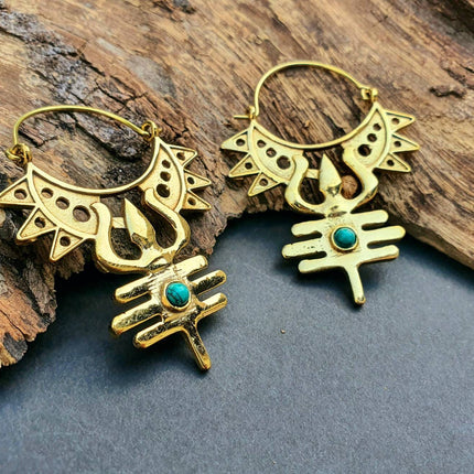 Inca Boucles D'oreilles Turquoise Laiton, Ethnique Bohème Yoga Boho Rustique Chic Gypsy Spiral Hippie Tribal Bohemian