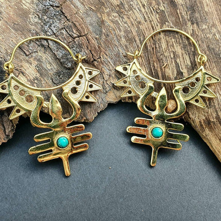 Inca Boucles D'oreilles Turquoise Laiton, Ethnique Bohème Yoga Boho Rustique Chic Gypsy Spiral Hippie Tribal Bohemian