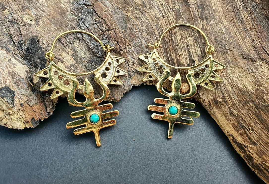 Inca Boucles D'oreilles Turquoise Laiton, Ethnique Bohème Yoga Boho Rustique Chic Gypsy Spiral Hippie Tribal Bohemian