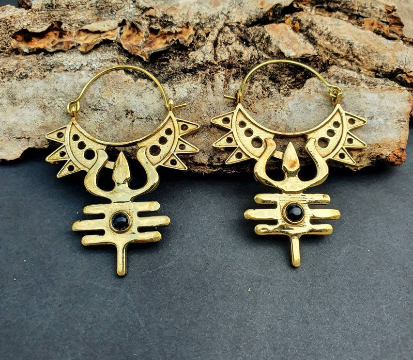 Inca Black Onyx & Brass Earrings Ethnic, Aztèque, rustic, yoga, hippie, gypsy, pretty, psy, boho, bohemian, festival