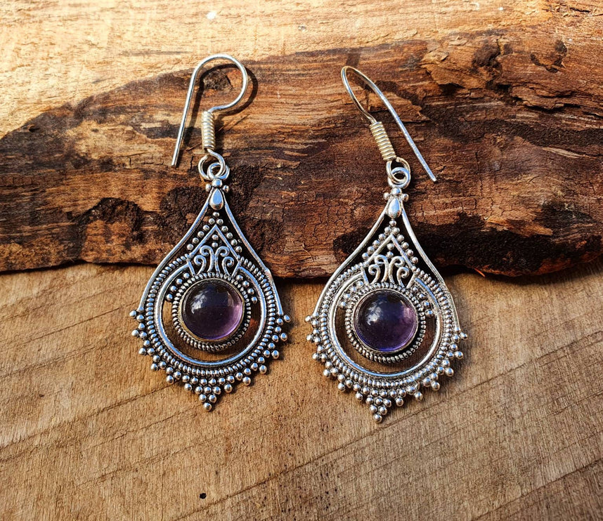 Amethyst Dangle earrings Silver Drop / Birth Stone / Ethnic / rustic, yoga, hippie, gypsy, pretty, psy, boho, bohemian, festival