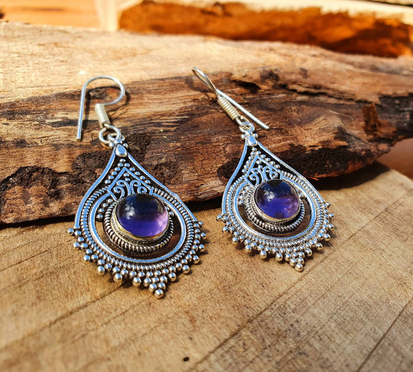 Amethyst Dangle earrings Silver Drop / Birth Stone / Ethnic / rustic, yoga, hippie, gypsy, pretty, psy, boho, bohemian, festival