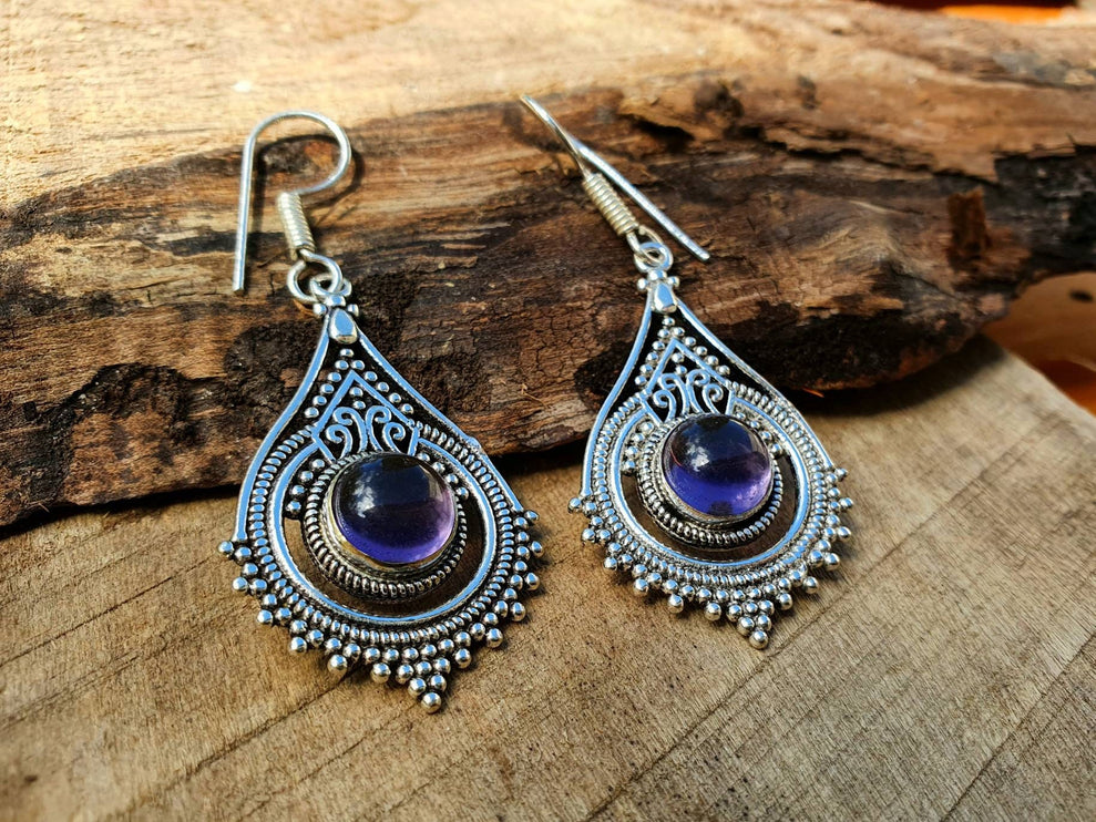 Amethyst Dangle earrings Silver Drop / Birth Stone / Ethnic / rustic, yoga, hippie, gypsy, pretty, psy, boho, bohemian, festival