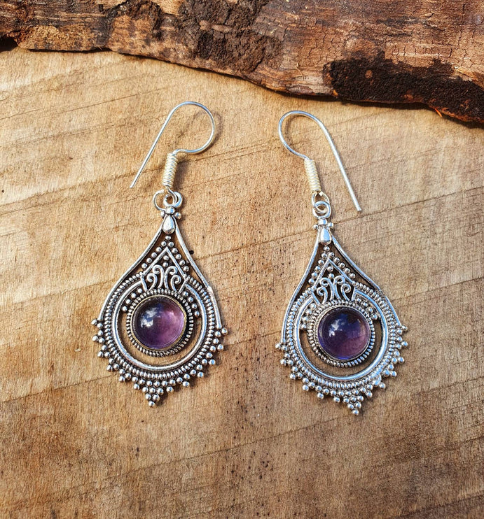 Amethyst Dangle earrings Silver Drop / Birth Stone / Ethnic / rustic, yoga, hippie, gypsy, pretty, psy, boho, bohemian, festival