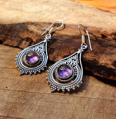 Amethyst Dangle earrings Silver Drop / Birth Stone / Ethnic / rustic, yoga, hippie, gypsy, pretty, psy, boho, bohemian, festival