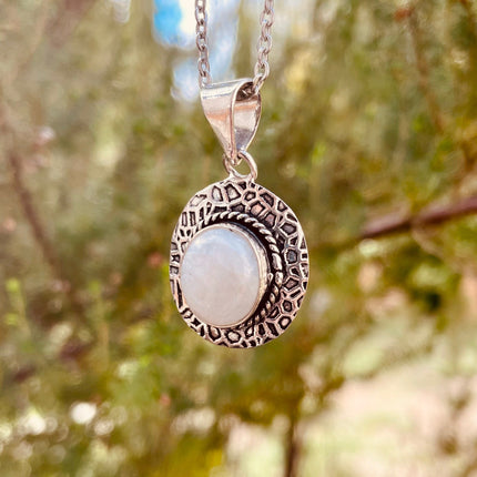 Moonstone Pendant Necklace Silver Chain / Brass / Ethnic / Hypoallergenic / Hippie / Gypsy / Rustic