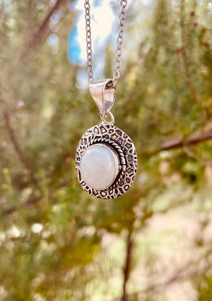 Moonstone Pendant Necklace Silver Chain / Brass / Ethnic / Hypoallergenic / Hippie / Gypsy / Rustic