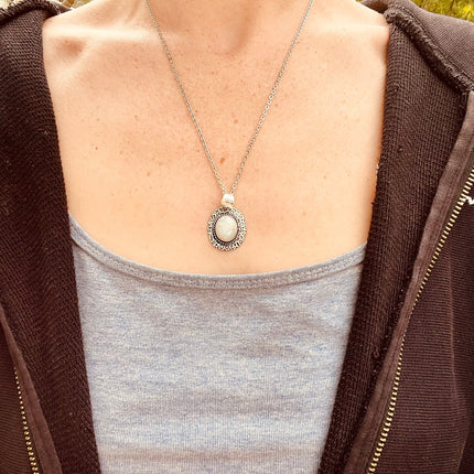 Moonstone Pendant Necklace Silver Chain / Brass / Ethnic / Hypoallergenic / Hippie / Gypsy / Rustic