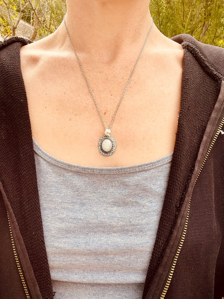 Moonstone Pendant Necklace Silver Chain / Brass / Ethnic / Hypoallergenic / Hippie / Gypsy / Rustic