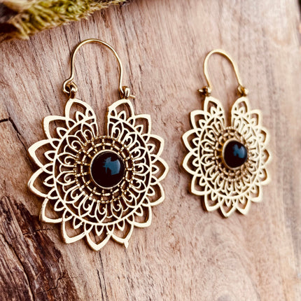 Mandala Golden Flower Earrings Black Onyx ; Ethnic, Geometric, rustic, yoga, hippie, gypsy, pretty, boho, bohemian, festival