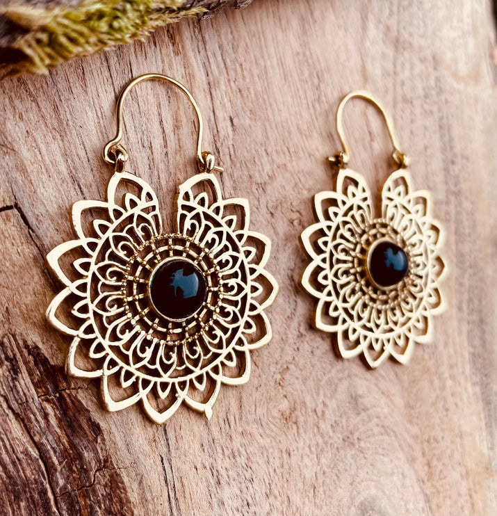 Mandala Golden Flower Earrings Black Onyx ; Ethnic, Geometric, rustic, yoga, hippie, gypsy, pretty, boho, bohemian, festival