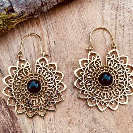 Mandala Golden Flower Earrings Black Onyx ; Ethnic, Geometric, rustic, yoga, hippie, gypsy, pretty, boho, bohemian, festival