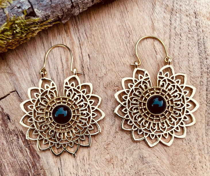 Mandala Golden Flower Earrings Black Onyx ; Ethnic, Geometric, rustic, yoga, hippie, gypsy, pretty, boho, bohemian, festival