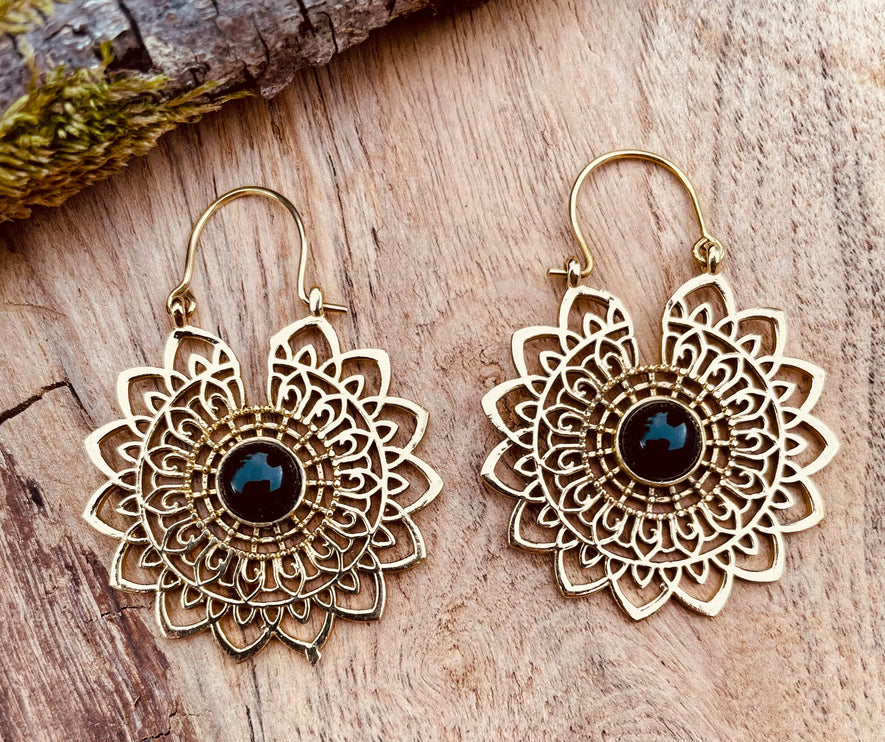 Mandala Golden Flower Earrings Black Onyx ; Ethnic, Geometric, rustic, yoga, hippie, gypsy, pretty, boho, bohemian, festival