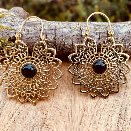 Mandala Golden Flower Earrings Black Onyx ; Ethnic, Geometric, rustic, yoga, hippie, gypsy, pretty, boho, bohemian, festival