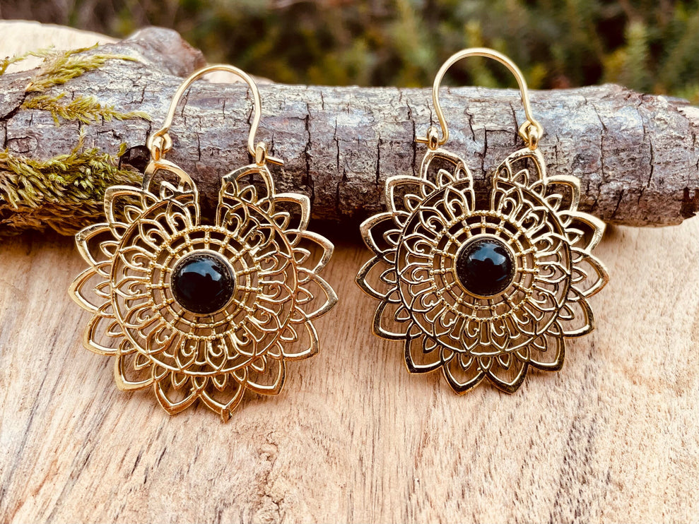 Mandala Golden Flower Earrings Black Onyx ; Ethnic, Geometric, rustic, yoga, hippie, gypsy, pretty, boho, bohemian, festival