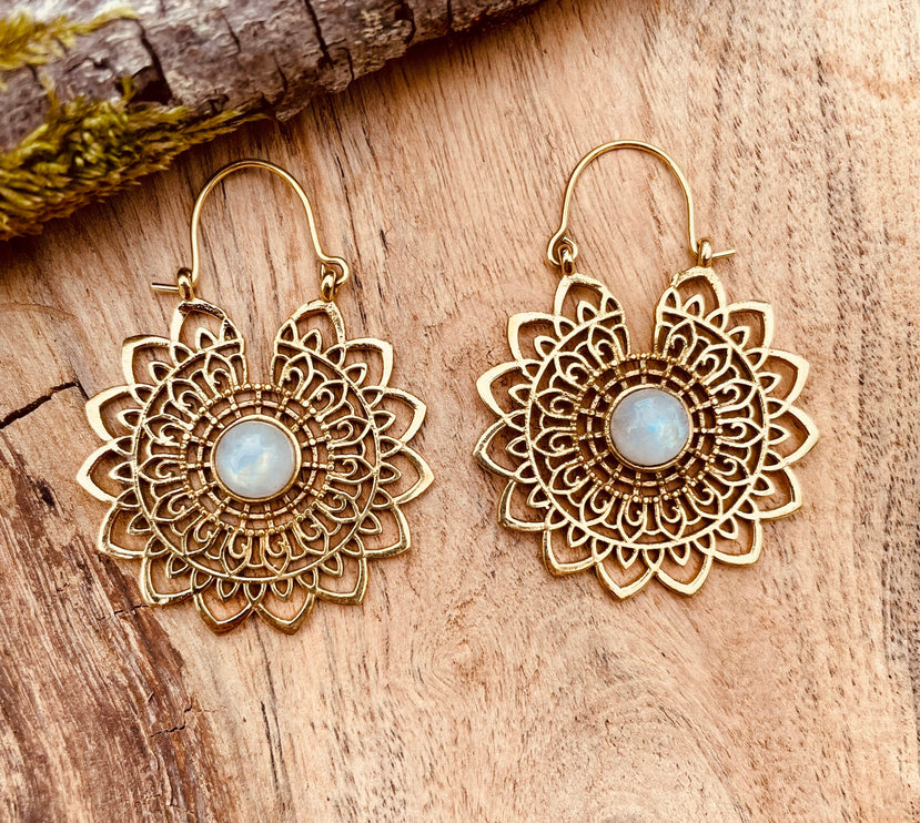 Golden Mandala Flower Moonstone Earrings ; Ethnic, Geometric, rustic, yoga, hippie, gypsy, pretty, boho, bohemian, festival