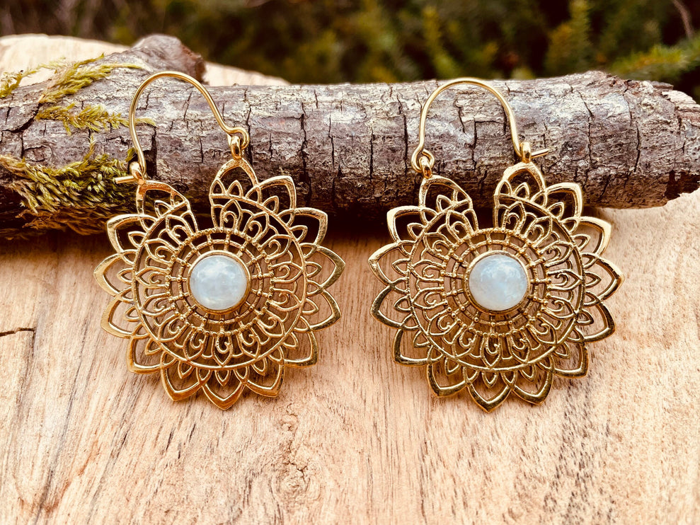 Golden Mandala Flower Moonstone Earrings ; Ethnic, Geometric, rustic, yoga, hippie, gypsy, pretty, boho, bohemian, festival