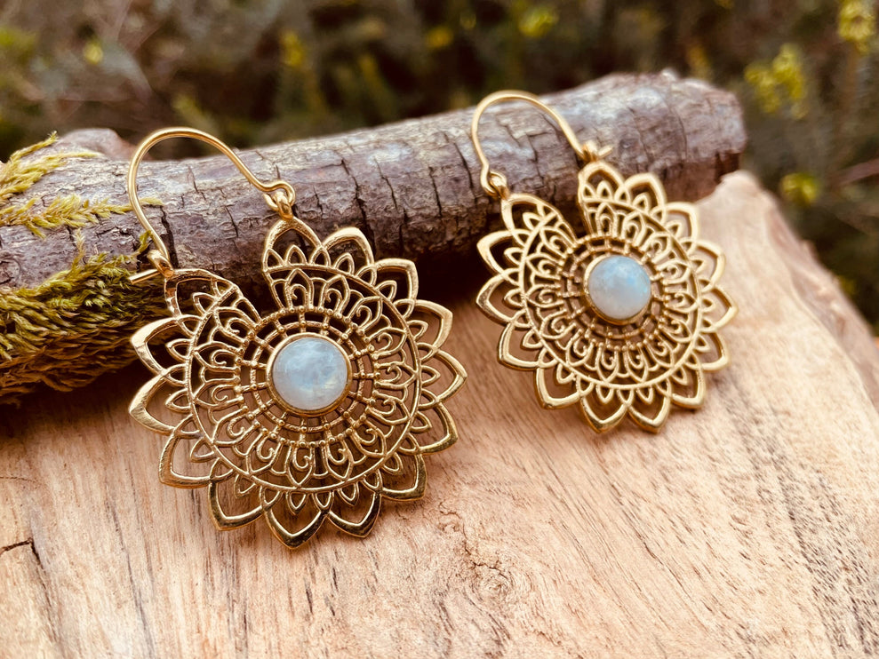 Golden Mandala Flower Moonstone Earrings ; Ethnic, Geometric, rustic, yoga, hippie, gypsy, pretty, boho, bohemian, festival