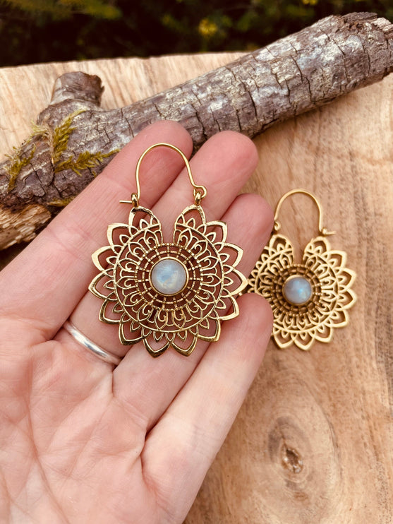 Golden Mandala Flower Moonstone Earrings ; Ethnic, Geometric, rustic, yoga, hippie, gypsy, pretty, boho, bohemian, festival