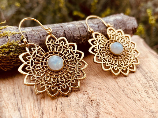 Golden Mandala Flower Moonstone Earrings ; Ethnic, Geometric, rustic, yoga, hippie, gypsy, pretty, boho, bohemian, festival