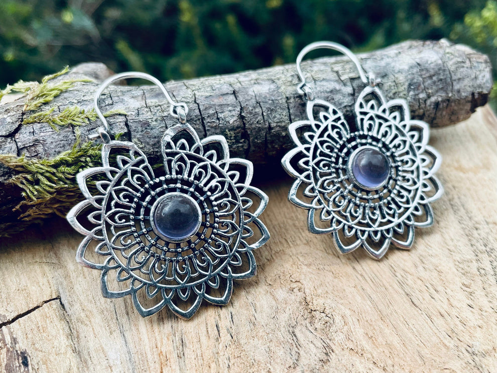 Silver Mandala Flower Amethyst Earrings ; Ethnic, Geometric, rustic, yoga, hippie, gypsy, pretty, boho, bohemian, festival