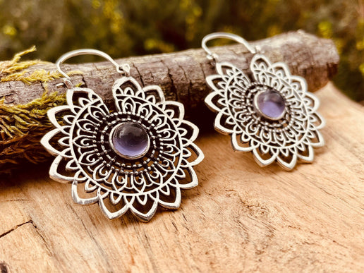 Silver Mandala Flower Amethyst Earrings ; Ethnic, Geometric, rustic, yoga, hippie, gypsy, pretty, boho, bohemian, festival