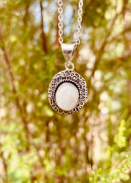 Moonstone Pendant Necklace Silver Chain / Brass / Ethnic / Hypoallergenic / Hippie / Gypsy / Rustic