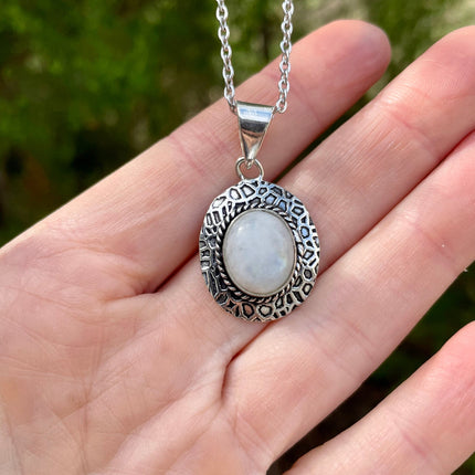 Moonstone Pendant Necklace Silver Chain / Brass / Ethnic / Hypoallergenic / Hippie / Gypsy / Rustic