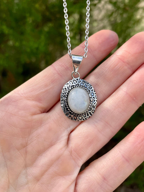 Moonstone Pendant Necklace Silver Chain / Brass / Ethnic / Hypoallergenic / Hippie / Gypsy / Rustic