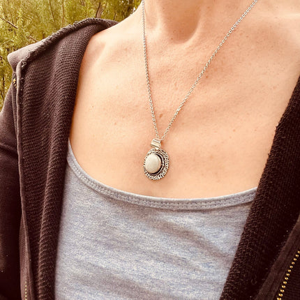 Moonstone Pendant Necklace Silver Chain / Brass / Ethnic / Hypoallergenic / Hippie / Gypsy / Rustic