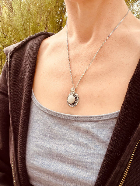 Moonstone Pendant Necklace Silver Chain / Brass / Ethnic / Hypoallergenic / Hippie / Gypsy / Rustic