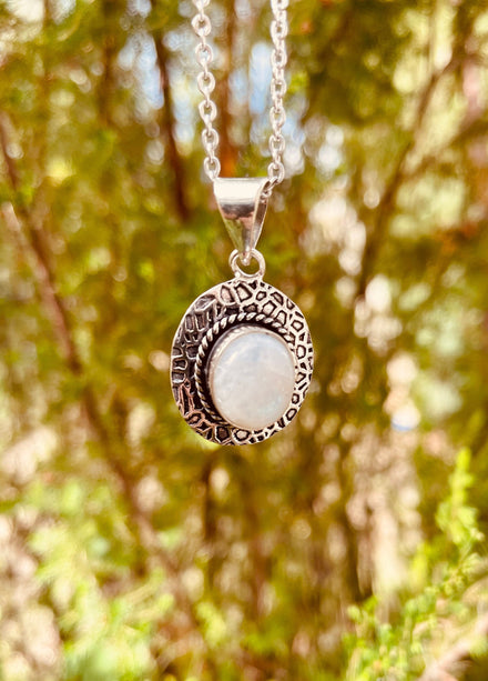 Moonstone Pendant Necklace Silver Chain / Brass / Ethnic / Hypoallergenic / Hippie / Gypsy / Rustic