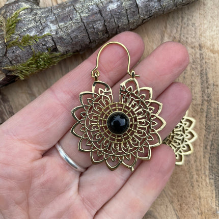 Mandala Golden Flower Earrings Black Onyx ; Ethnic, Geometric, rustic, yoga, hippie, gypsy, pretty, boho, bohemian, festival