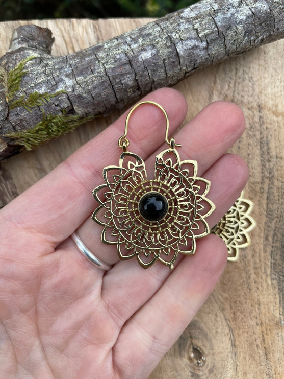 Mandala Golden Flower Earrings Black Onyx ; Ethnic, Geometric, rustic, yoga, hippie, gypsy, pretty, boho, bohemian, festival