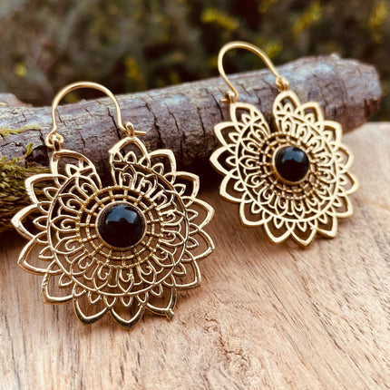 Mandala Golden Flower Earrings Black Onyx ; Ethnic, Geometric, rustic, yoga, hippie, gypsy, pretty, boho, bohemian, festival