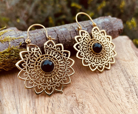 Mandala Golden Flower Earrings Black Onyx ; Ethnic, Geometric, rustic, yoga, hippie, gypsy, pretty, boho, bohemian, festival