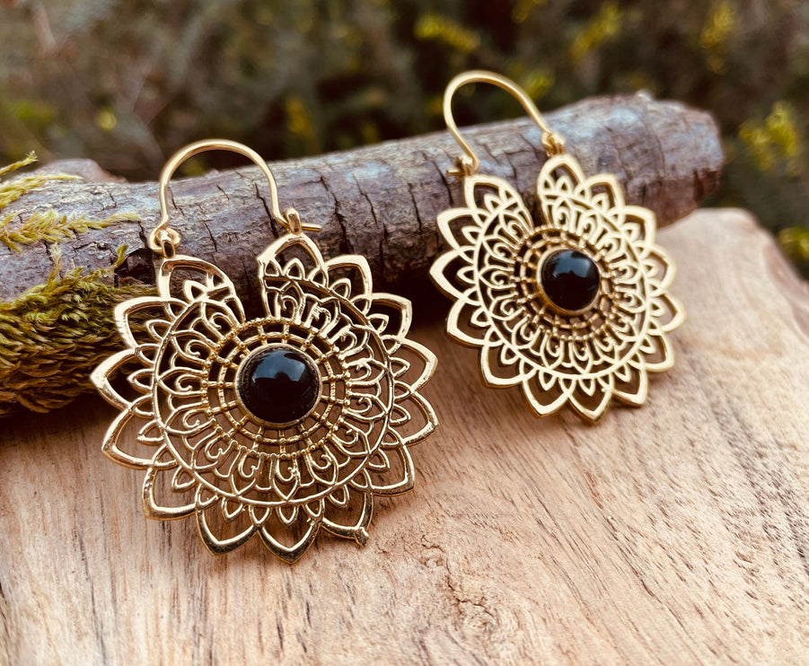 Mandala Golden Flower Earrings Black Onyx ; Ethnic, Geometric, rustic, yoga, hippie, gypsy, pretty, boho, bohemian, festival