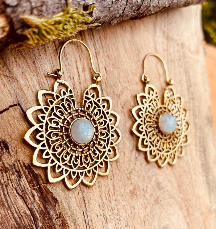 Golden Mandala Flower Moonstone Earrings ; Ethnic, Geometric, rustic, yoga, hippie, gypsy, pretty, boho, bohemian, festival