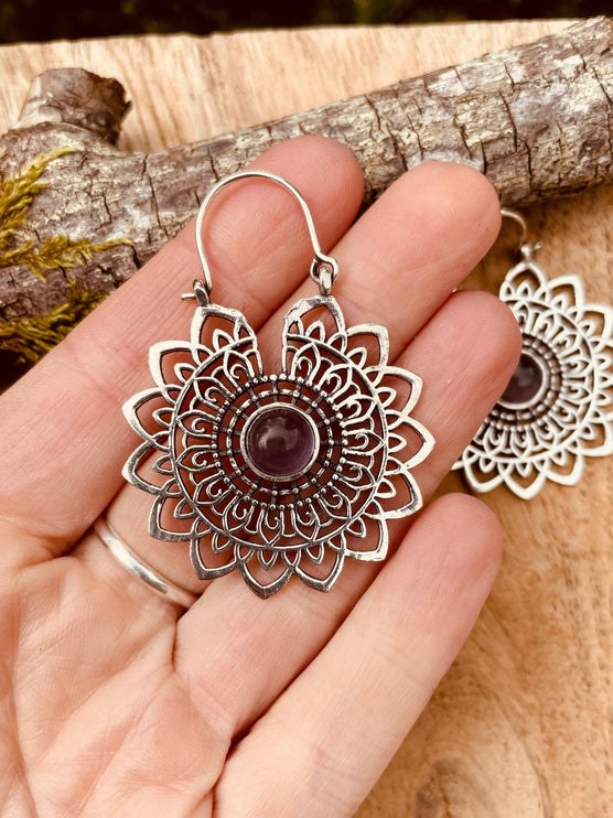 Silver Mandala Flower Amethyst Earrings ; Ethnic, Geometric, rustic, yoga, hippie, gypsy, pretty, boho, bohemian, festival