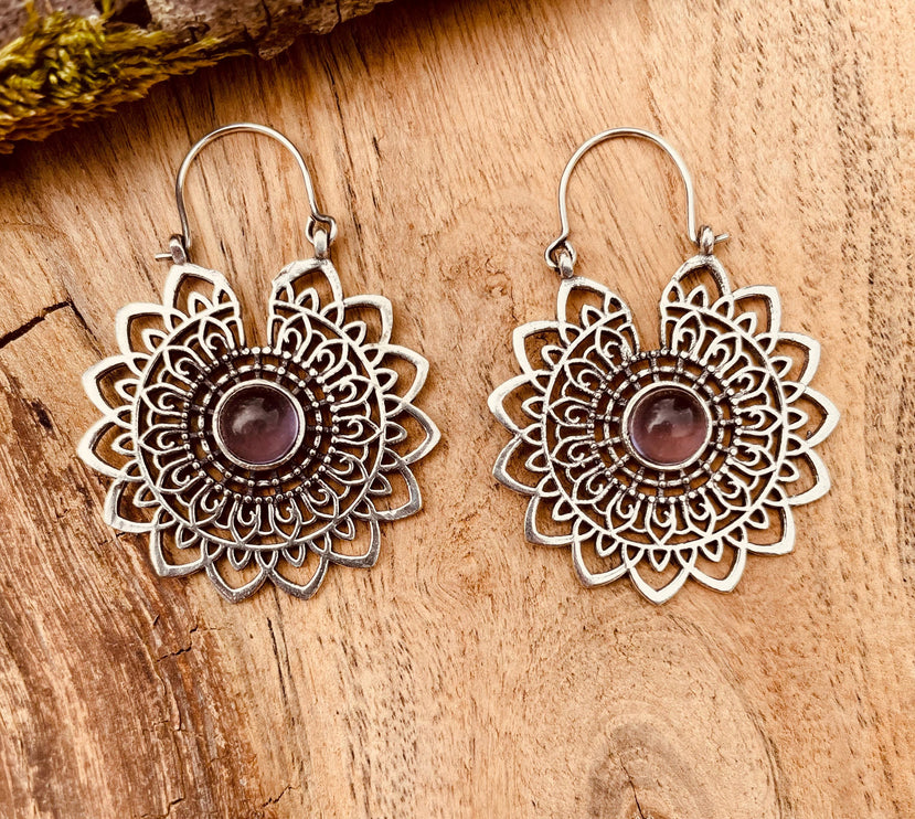 Silver Mandala Flower Amethyst Earrings ; Ethnic, Geometric, rustic, yoga, hippie, gypsy, pretty, boho, bohemian, festival