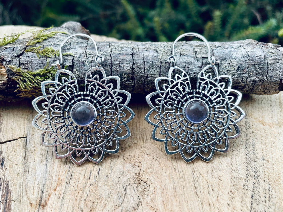 Silver Mandala Flower Amethyst Earrings ; Ethnic, Geometric, rustic, yoga, hippie, gypsy, pretty, boho, bohemian, festival