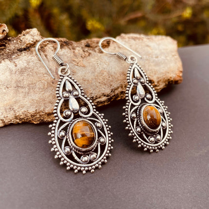 Tiger Eye earrings Silver Drop Dangle earrings / Birth Stone / Ethnic / rustic, yoga, hippie, gypsy, pretty, psy, boho, bohemian, festival