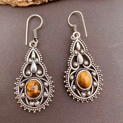 Tiger Eye earrings Silver Drop Dangle earrings / Birth Stone / Ethnic / rustic, yoga, hippie, gypsy, pretty, psy, boho, bohemian, festival