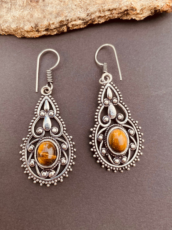 Tiger Eye earrings Silver Drop Dangle earrings / Birth Stone / Ethnic / rustic, yoga, hippie, gypsy, pretty, psy, boho, bohemian, festival