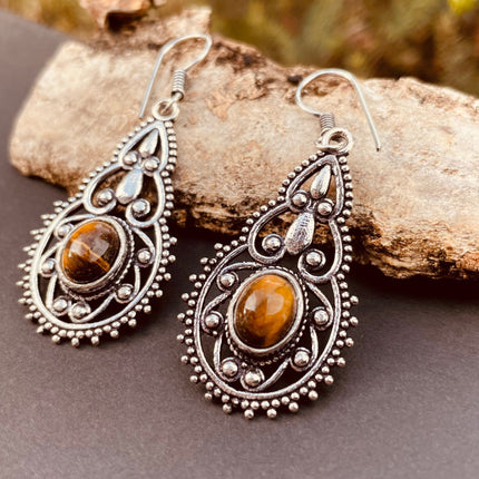 Tiger Eye earrings Silver Drop Dangle earrings / Birth Stone / Ethnic / rustic, yoga, hippie, gypsy, pretty, psy, boho, bohemian, festival