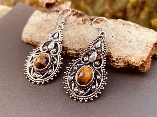 Tiger Eye earrings Silver Drop Dangle earrings / Birth Stone / Ethnic / rustic, yoga, hippie, gypsy, pretty, psy, boho, bohemian, festival