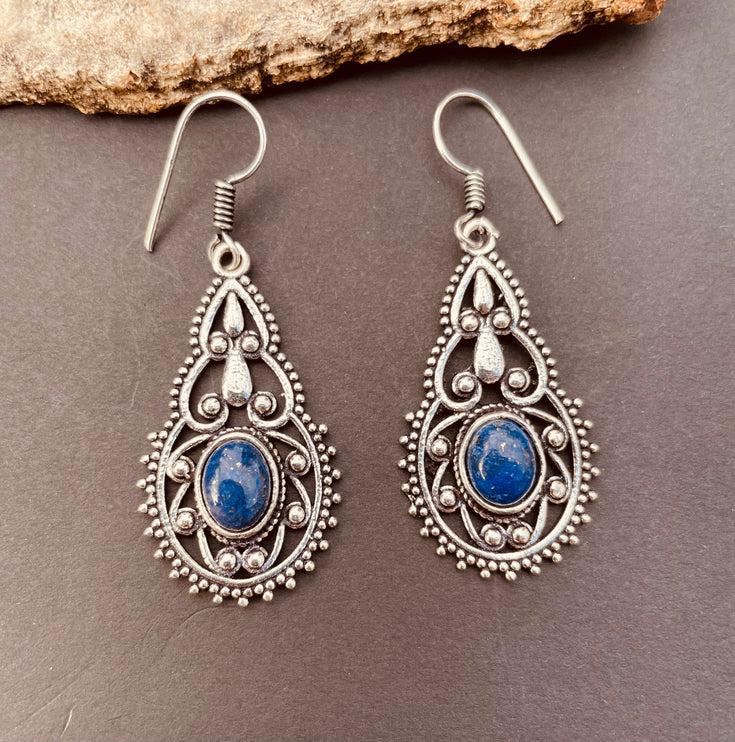 Lapis Lazuli earrings Silver Drop Dangle earrings / Birth Stone / Ethnic / rustic, hippie, gypsy, pretty, psy, boho, bohemian, festival