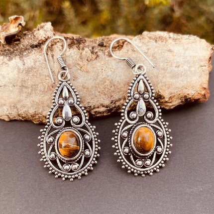Tiger Eye earrings Silver Drop Dangle earrings / Birth Stone / Ethnic / rustic, yoga, hippie, gypsy, pretty, psy, boho, bohemian, festival